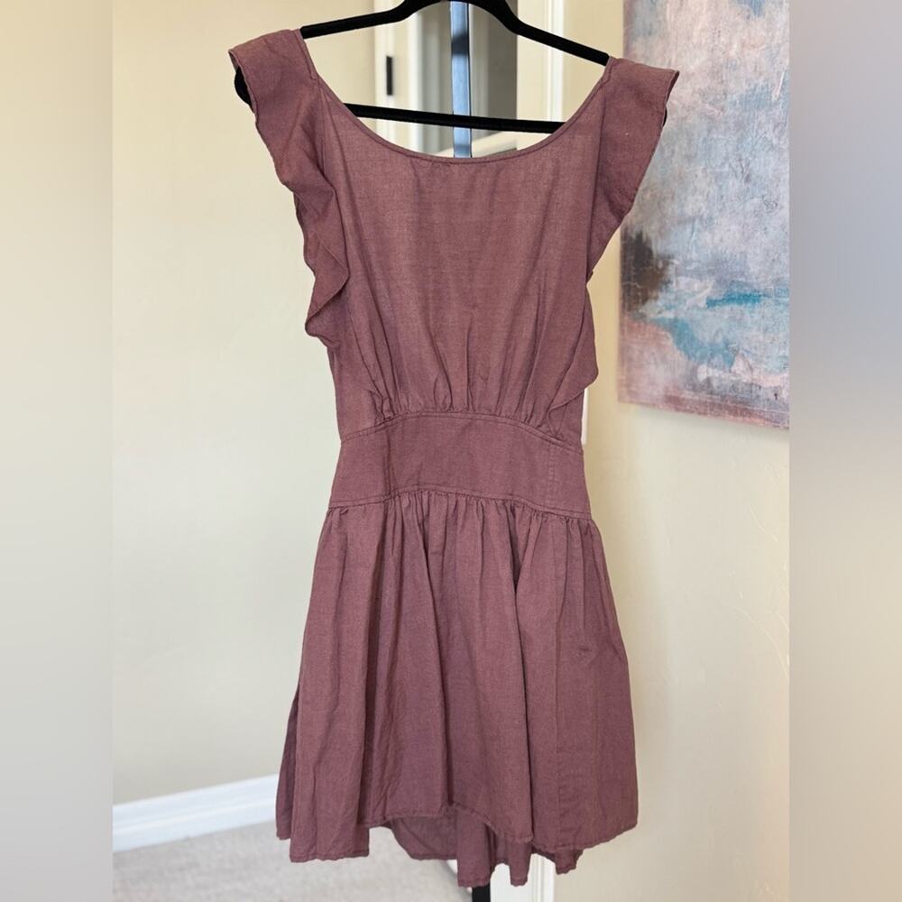 Free People Erin Tie Back Linen Mini Skater Dress Brown Women’s Size Small - Picture 2 of 8